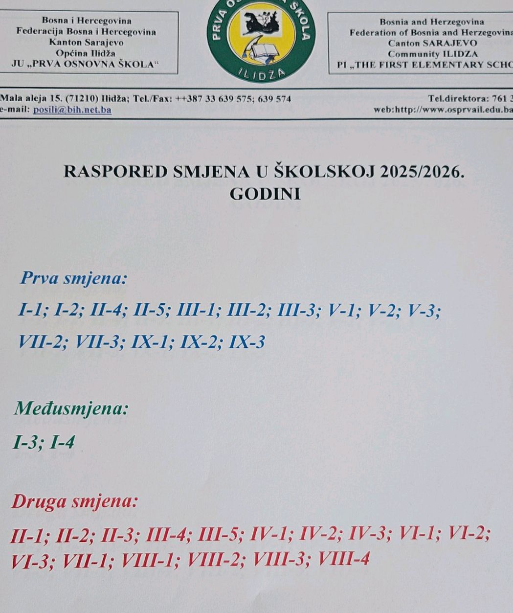 RASPORED SMJENA U ŠKOLSKOJ 2025/2026. GODINI