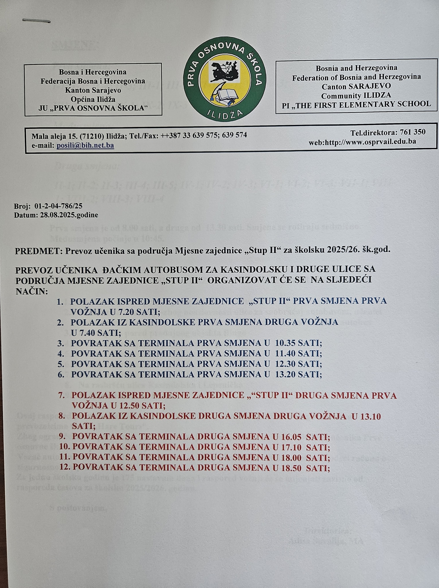 Informacije o prevozu učenika.