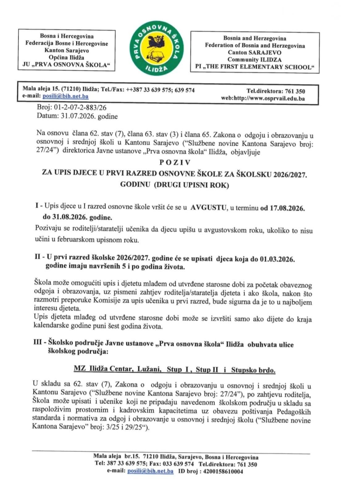 POZIV ZA UPIS DJECE U PRVI RAZRED OSNOVNE ŠKOLE ZA ŠKOLSKU 2026/2027. GODINU