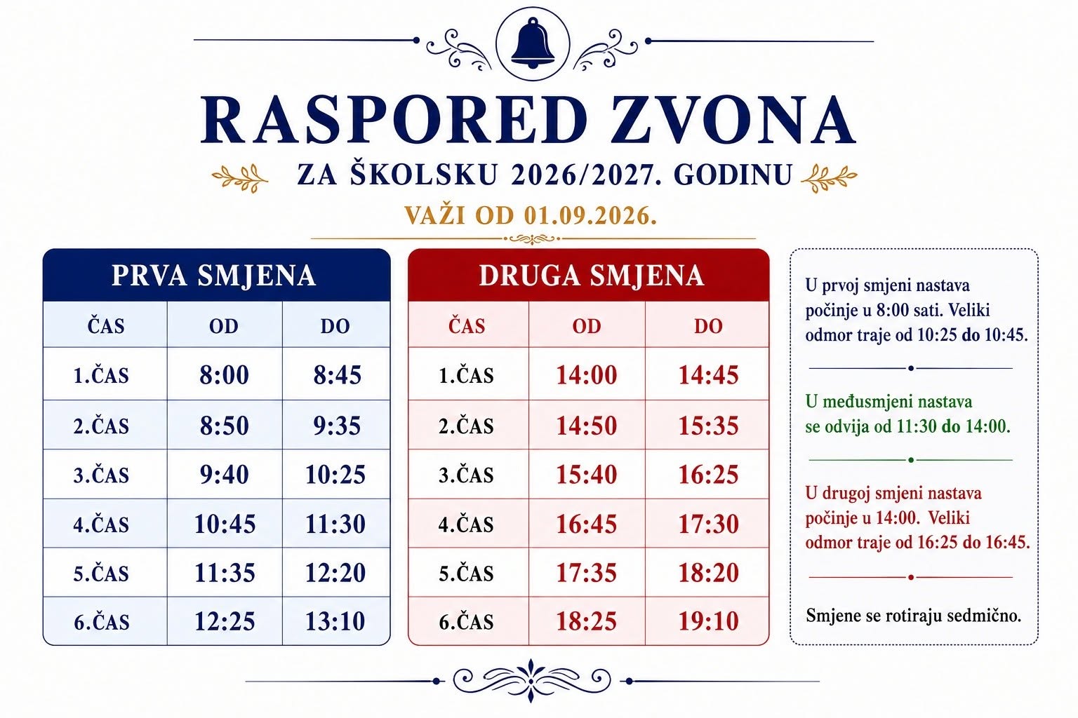 Raspored zvona i smjene u školskoj 2026/2027. godini